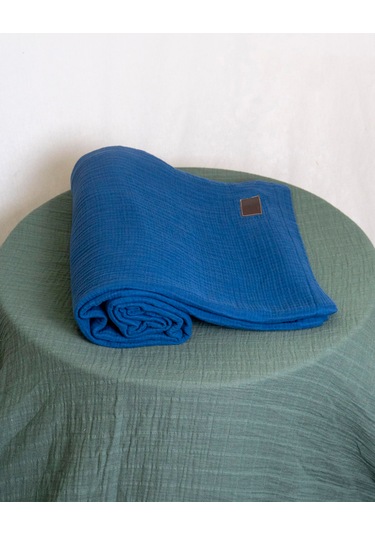 4 Katlı Müslin Yatak Örtüsü - Battaniye Pike %100 Organik Pamuk Dört Mevsim Yumuşak Gots Sertifikalı Lacivert