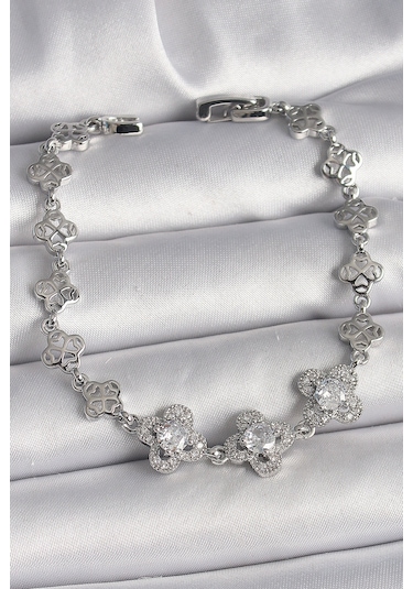 Pirinç Gümüş Renk Zirkon Taşlı Yonca Model Kadın Bileklik - Tj-bb6813 Diğer