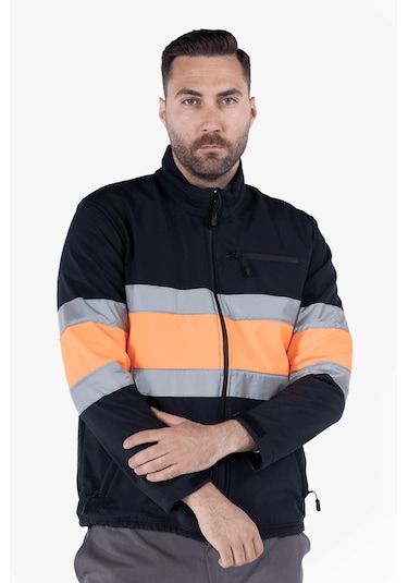Çift Sıra Reflektörlü Neon Softshell Mont Lacivert - Turuncu