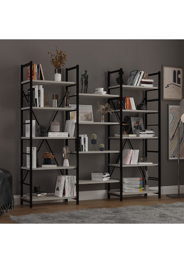 6 Raflı Metal Kitaplık Üç Modül-metalk03-kül Gri