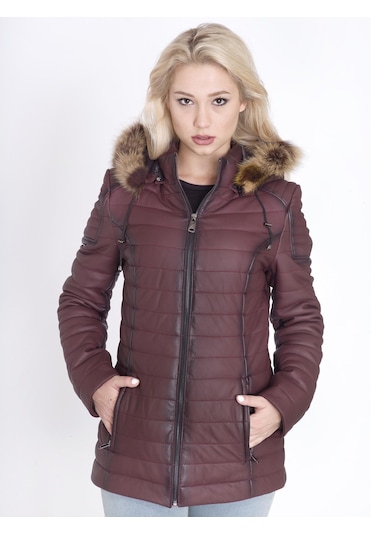 Kadın Gerçek Deri Şişme Kaban Bordo