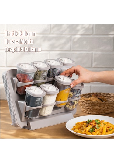 Porsima 5340 8li Etiketli Asmalı Kendinden Yapışkanlı Tezgah Üstü Standlı Döner Kapaklı Baharatlık Seti Cappuccino-krem-350ml