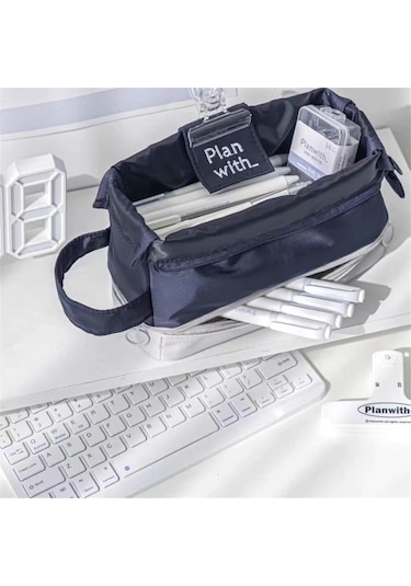 Aubyhe Geniş Kabinli Kumaş Kalem Kutusu, Çok Bölmeli, Dikey Fermuar İle Genişletilebilir, Öğrenci Okul Malzemesi, Seyahat/makyaj Kutusu - Lacivert Blue