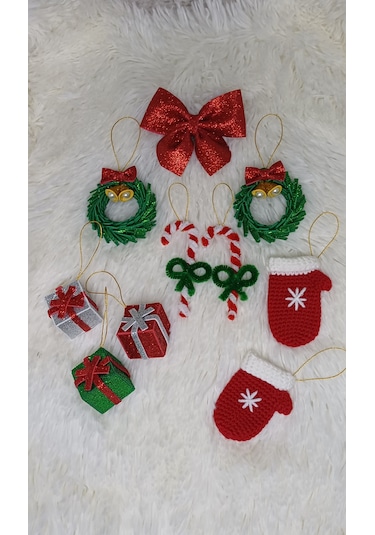 Yılbaşı Süsü Seti 10 Lu Set - Baston Şeker, Eldiven, Hediye Paketi, Fiyonk, Çelenk 010