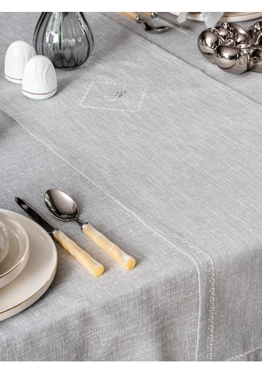 Cotton Box Keten Masa Örtüsü Takımı Pera Gri 175x240