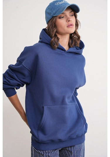 Mixray 2022 Unisex 3iplik Basic Polarlı Kapüşonlu Sweatshirt Hoodie Lacivert