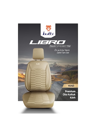 Bej - Bej Butti Libro Serisi Premium Oto Koltuk Kılıfı Destekli, Ön Arka Tam Set, Aırbag Uyumlu