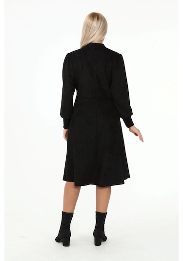 Kadın Süet Hakim Yaka Pile Detaylı Büzgülü Uzun Kol Midi Boy Kloş Kışlık Elbise 4412/110 Siyah
