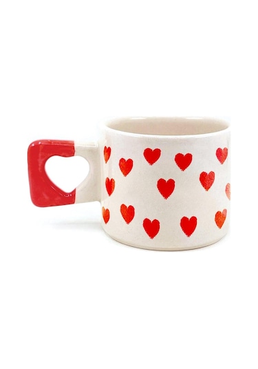 Kırmızı Kalpler Tam Tur Baskılı Kırmızı Kulplu Kalp Kupa