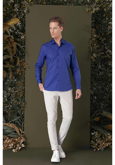 Gk 709 Slim Fit Gece Mavisi Klasik Gömlek Mavi