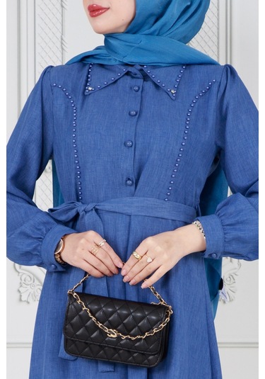 İnci Detaylı Kuşaklı Tesettür Elbise-mavi-3586-mavi Mavi