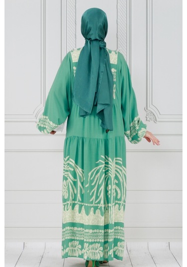 Yarasa Kol Karışık Desen Viscon Elbise-mint Yeşili-3801 - Mint Yeşili