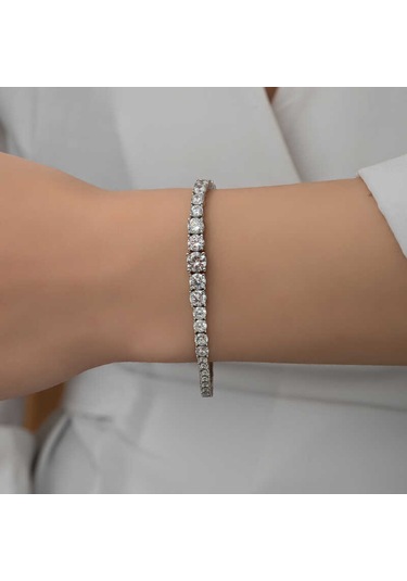 Gümüş Süzme Beyaz Taşlı Su Yolu Kadın Bileklik Gümüş