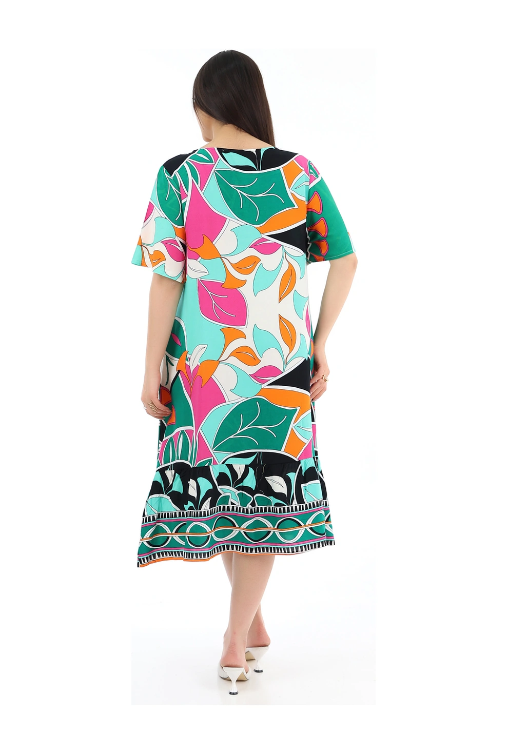 Schık Kadın Viskon Yarım Kol O Yaka Cepli Fırfırlı Elbise Yeşil Yeşil