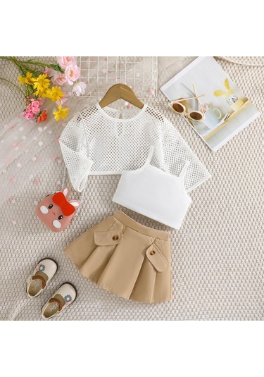 Haki Çocuk Giyim Kız Setleri Oymak Üst + Cami Üst + Haki Etekler 3 Adet Yaz Takım Elbise Setleri Kızlar Için 12M-6Y Çocuk Giysileri 12M-6Y Haki