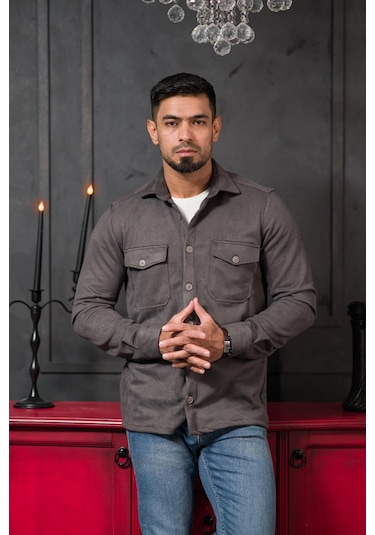 Advante Regular Fit Likralı Çift Cepli Pamuklu Astarsız Süet Gömlek Antrasit