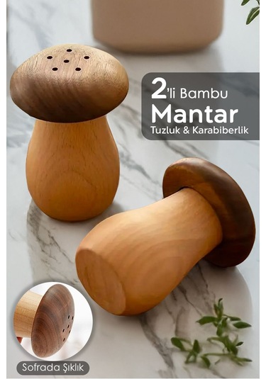 2'li Mantar Model Bambu Baharatlık - Tuzluk Biberlik Karabiberlik Baharat Takımı 35 Ml Bej