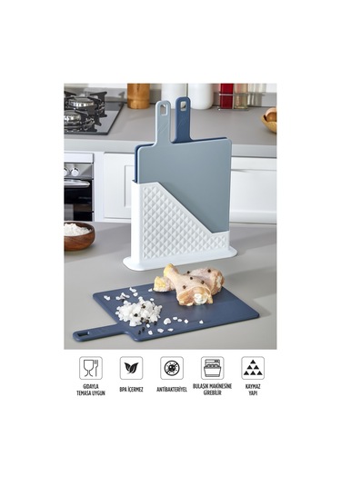 9'lu Mutfak Hazırlık Seti - Standlı Kulplu Kesme Tahtası Karıştırma Kabı Kase Süzgeç Limon Sıkacağı Mavi