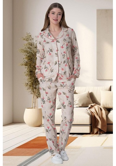 Mecit 6023 Pudra Büyük Beden Boydan Düğmeli Kadın Pijama Takımı 001
