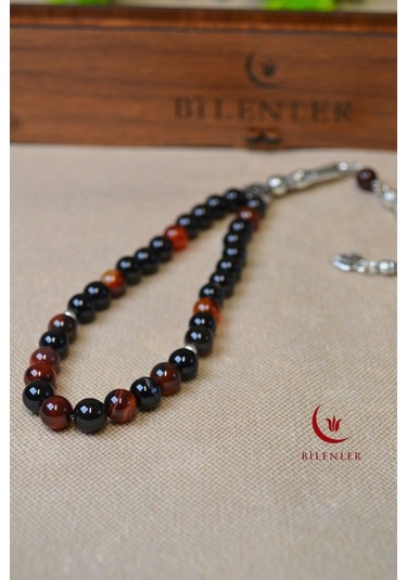 Akik Taşlı 33 Lü Erkek Tesbih Doğal Taş, Özel Ahşap Kutulu Çok Renkli