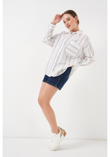 Kadın Çizgili Oversize Gömlek 20278 - B.beyaz Beyaz