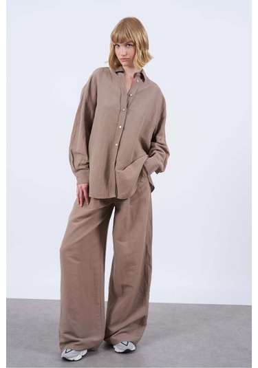 Kadın Keten Gömlek Pantolon Takım Vizon