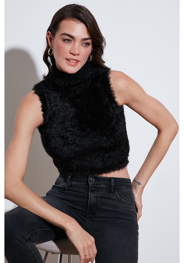 Lela Yumuşak Tüylü Slim Fit Balıkçı Yaka Crop Bayan Süveter 4615566 Siyah