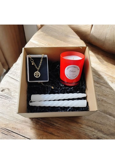 Denic Hediye Seti Kokulu Kırmızı Bardak Mum Yaşam Agacı Kolye Beyaz Burgulu Mum