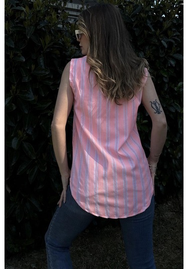 Kadın Oranj Çizgili, Dokulu Yazlık Kumaş, Yarım Patlı, Sıfır Kollu Bluz Oranj