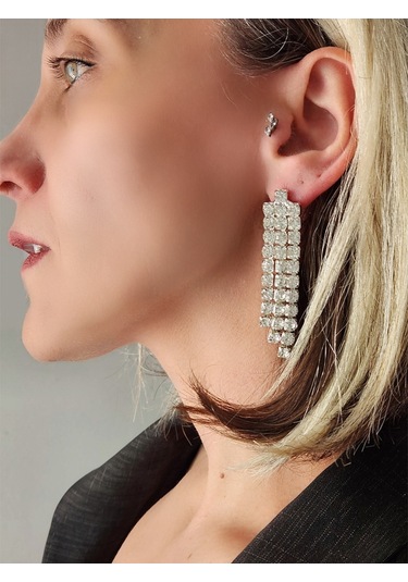 Taşlı Sallantılı Silver Renk Küpe Silver
