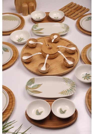Atbyhome Dawn 6 Kişilik 42 Parça Doğal Bambu Porselen Kahvaltı Takımı Kahvaltı Seti Sunum Seti Beyaz