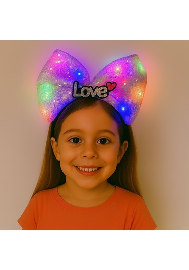 Led Işıklı Love Yazılı Mor Fiyonk Taç - Kız Çocuk Parti Tacı Çok Renkli