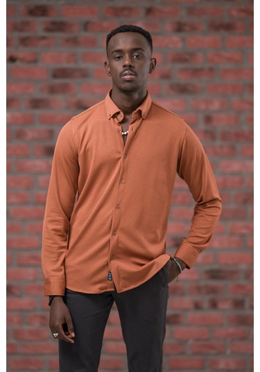 Advante İnce Fitilli Full Likralı Yaka Düğmeli Mevsimlik Slimfit Gömlek kiremit