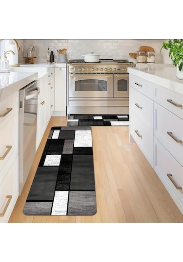 Lüks Siyah Ekose Mutfak Mat Yumuşak Kalınlaşmış Mutfak Zemin Mat Su Geçirmez Kaymaz Yağ Geçirmez Zemin Mat Koşucu Halı 50 x 80cm