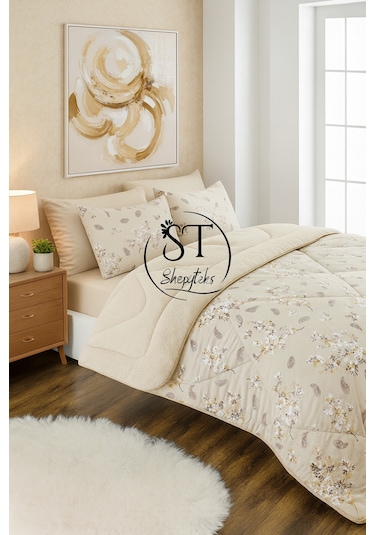 Çift Kişilik Çiçekli Welsoft Yorgan Çift Taraflı 195x215 Bej