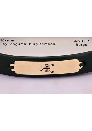 Archin Akrep Burçlarına Dikdörtgen Motifli Yeşil Derili 14 Ayar Altın Plakalı Hediye Bileklik-371burç Akrep