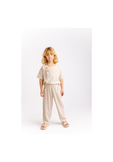 Oliven The Kid Unisex Klasik Keten Pantolon Naturel Naturel Bej