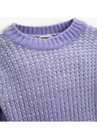 Koton Ribanalı Dokulu Örgü Kazak Yuvarlak Yaka Uzun Kollu Kolları Fırfır Detaylı Lila 3wkg90031ht 3WKG90031HT370 Lila
