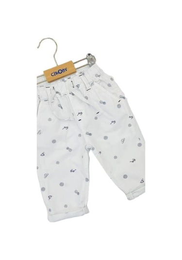 Erkek Bebek Pamuklu Bel Paça Lastikli Pantolon-12635-beyaz Beyaz