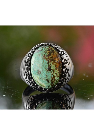 Gerçek Arizona Yeşil Turkuaz Taşı Yüzük, 925 Ayar Gümüş Yüzük Erkekler İçin Gümüş