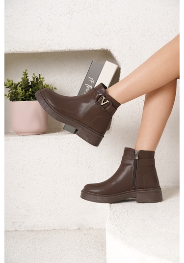 D802 Kadın Yanı Tokalı Ortopedik Soğuk Geçirmez Bot Kahverengi