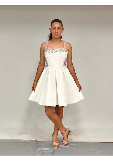 Kız Çocuk Abiye Krem Krep Kısa Pul Payet İşlemeli Biyeli Korseli Kısa Abiye Elbise 10-15 Yaş Krem