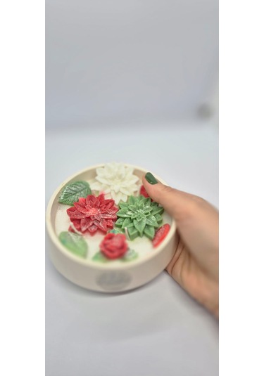 Yılbaşı Hediyelik Linda Kase Mum El Yapımı, Doğal Soya Mum Beyaz - Kırmızı - Yeşil