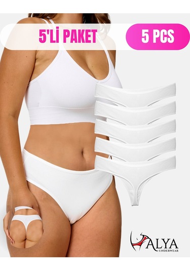 Alya Underwear Kadın Bato Tanga Pamuklu Külot, Büyük Beden String, 5'li Paket- 2 Siyah, 1 Beyaz, 2 Ten Beyaz P05