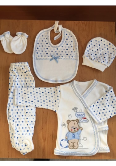 Yeni Doğan Çantalı Ayı Hastane Çıkışı 5li Zıbın Seti Mavi