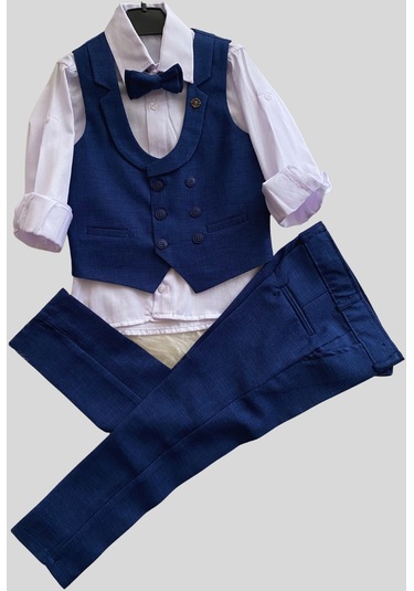 Katlama Detay Yelekli Rozetli Çocuk Takım Elbise Sax Saks Mavi