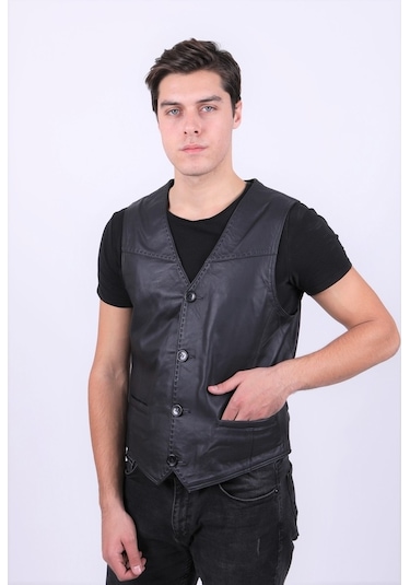 New Zaya Leather Erkek Siyah Deri Yelek (468580269)