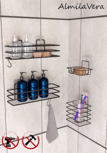 Siyah Paslanmaz Yapışkanlı Metal Banyo Rafı Düzenleyici 4'lü Set Kancalı Duş Rafı Sabunluk Rafı Siyah