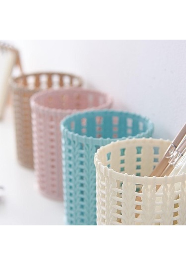 Yaratıcı Rattan Plastik Kalem Tutucu Içi Boş Kutular Öğrenci Masaüstü Ofis Kırtasiye Kova Kalem Bej
