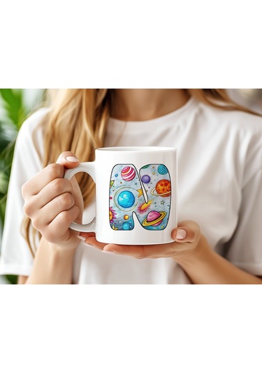 N Baş Harf Gezegen Desenli Kupa Bardak - Kişiye Özel Evren Temalı Kahve Çay Kupası - Gökyüzü Beyaz